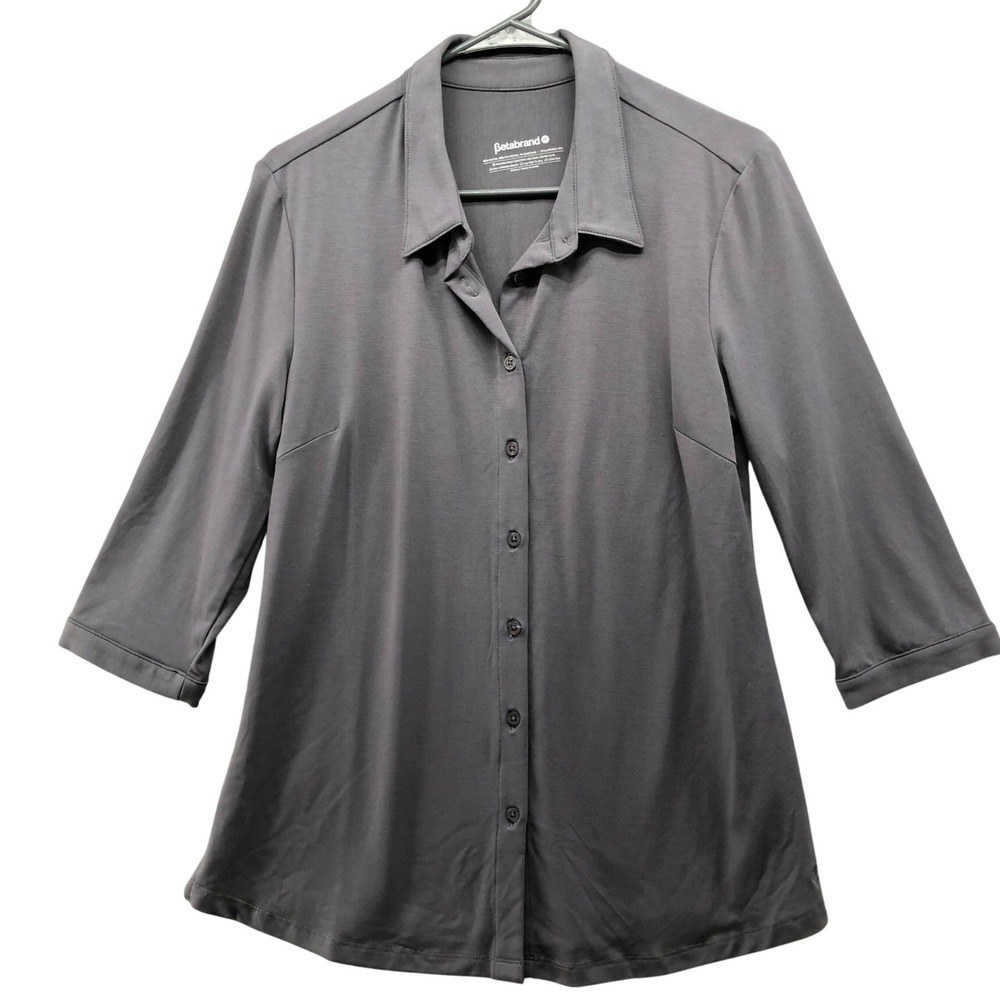 Betabrand 3/4 Sleeve Button Down Shirt Womens Medium Gray Stretch Jersey Knit